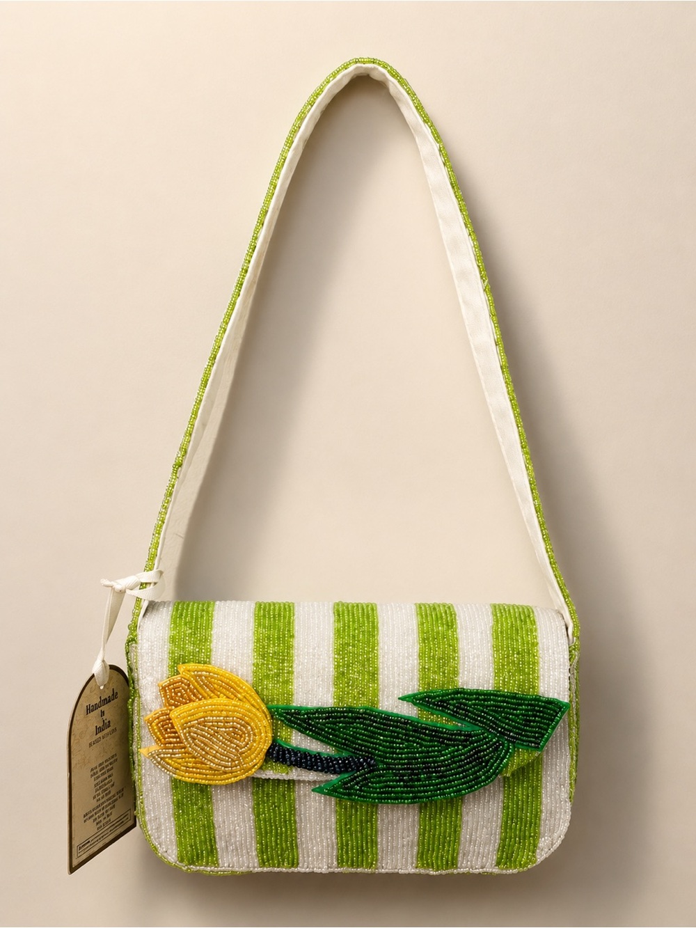 Green & White Striped Beaded Bag with Yellow Tulip